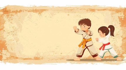 Kids training in karate-do. Banner with space for text. Retro style. For web pages or advertising printing. Photo without faces.
