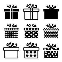 Gift boxes with ribbon black icons set. Gift boxes black silhouettes and line designs. Patterns on cardboard boxes. Collection for a holiday or Valentine's Day. Vector illustration flat design.