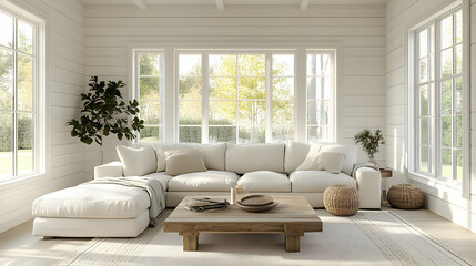 Illustration of a Serene White Living Room with Natural Light, Sofa, and Wooden Coffee Table
