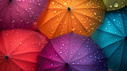 A Splash of Color: Elegant Rainbow Umbrellas Glistening with Waterdrops