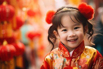 Fototapeta premium Little girl in chinese costume celebration festival smiling.