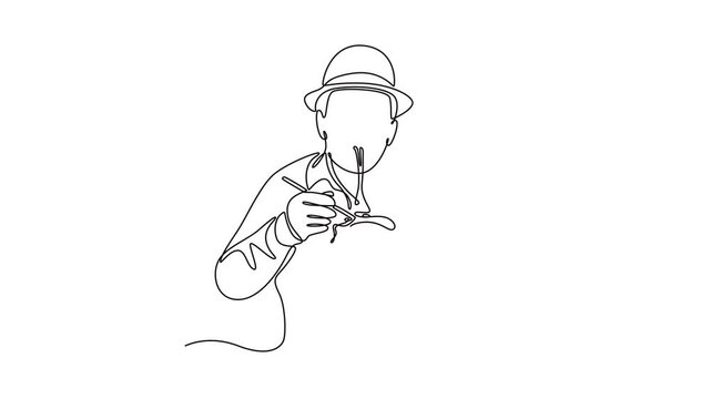 One continuous line drawing of eating concept. Full length animation illustration. High quality 4k footage.