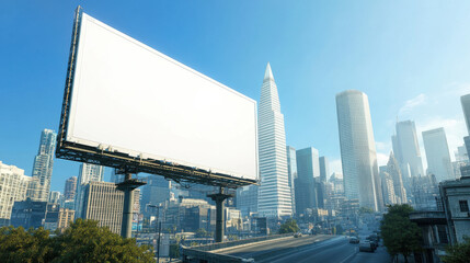Blank white billboard on an urban street with modern skyscrapers in the background, ideal for advertisement or marketing purposes.