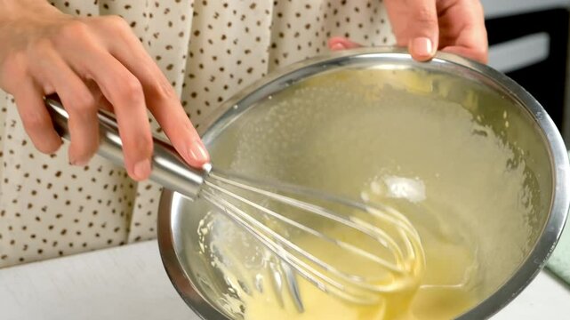 Woman cooking homemade mayonnaise sause whisking ingredients in metal bowl, hands close-up. Cooking sauce for salad, meat dishes. Dressing for different dishes. Culinary, cuisine concept.