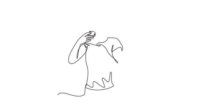 One continuous line drawing of eating concept. Full length animation illustration. High quality 4k footage.