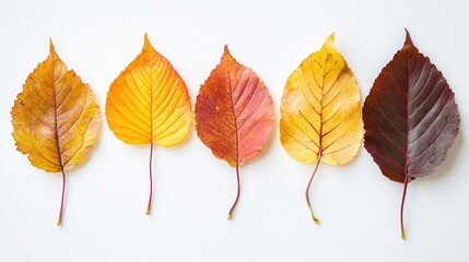 artful arrangement of autumn leaves in warm hues from golden yellows to deep reds crisp details highlight veins and textures against a clean white backdrop