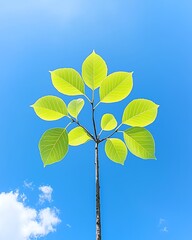 A vibrant green leaf emerging against a clear blue sky, symbolizing nature's beauty and the freshness of spring.