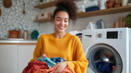 A young woman happily sorting fresh laundry in a cozy kitchen on a sunny afternoon