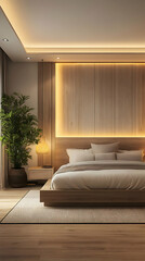 Illustration of Minimalist Bedroom Interior Design With Wooden Panel Feature Wall