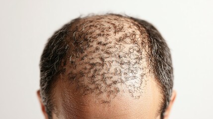 Obraz premium Close-up of a balding scalp, showcasing hair loss patterns on a man's head against a neutral background.