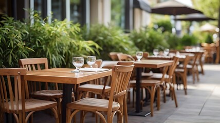 Obraz premium empty outdoor restaurant or cafe with wooden tables and chairs and green plants