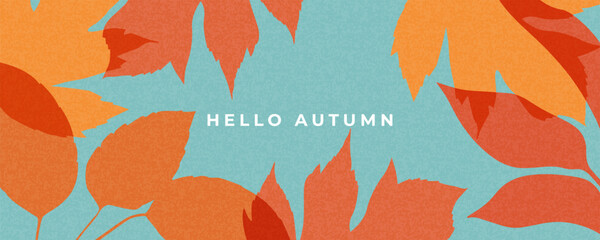 Fall season horizontal background with bright abstract autumn leaves. Autumn modern art minimalist style design template for sales, horizontal poster, header, cover, social media, fashion ads, decor.