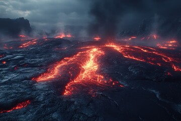 Fiery Pixelated Landscape: Surreal Lava Field with Bubbling Magma under Dark Sky for Copy Space - Abstract Digital Art Concept