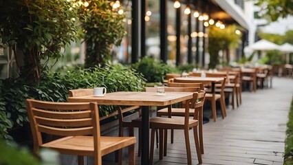 empty outdoor restaurant or cafe  with wooden tables and chairs and green plants