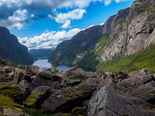 Scenic view of a fjord surrounded by mountains in Norway