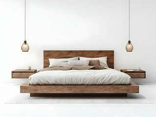 Minimalist Bedroom Design 3D Illustration with Wooden Bed and White Bedding