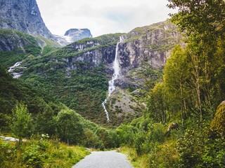 Waterfall cascading down a rocky mountain