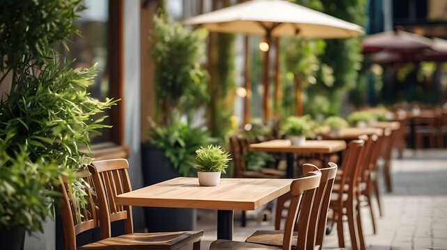 empty outdoor restaurant or cafe  with wooden tables and chairs and green plants