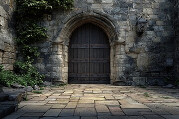 Obraz premium Magical 16-Bit Medieval Castle Courtyard with Clear Stone Wall for Text