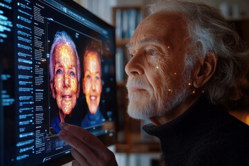 Elderly Caucasian man examines advanced facial recognition display. Futuristic AI technology intersects with age and wisdom in this striking image of digital innovation and human curiosity.