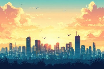 Fototapeta premium Nostalgic Pixelated City Skyline with Copy Space for Retro Designs