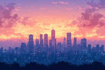 Obraz premium Nostalgic Pixelated Cityscape with Copy Space for Retro Design Concepts