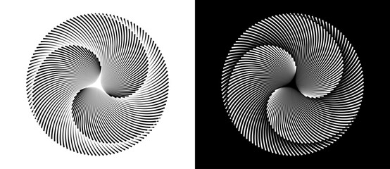 Lines in circle abstract background. Dynamic transition illusion with 3 parts. Black shape on a white background and the same white shape on the black side.