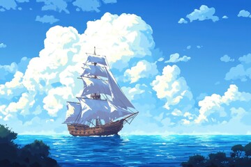 Nostalgic Retro Pixel Pirate Ship Sailing on the Ocean with Copy Space for Text.