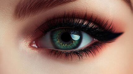 Obraz premium Close up of a womans eye with dramatic false lashes, black eyeliner and eyeshadow.&nbsp;