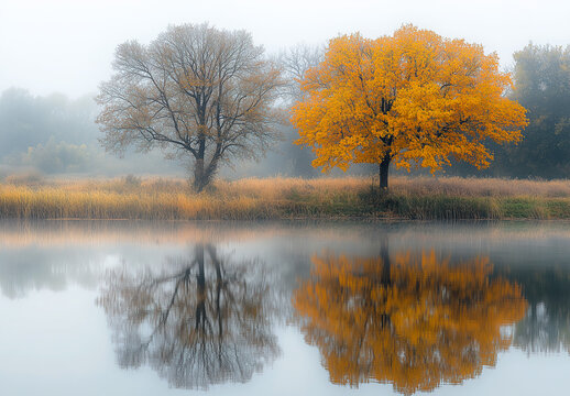 Misty Autumn Reflections on a Serene Lake.  Seasonal Change. Calm and Tranquility.  Silence. Stillness. Tree.