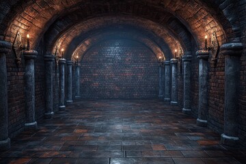 Obraz premium Retro Arcade Dungeon with Brick Walls - Vintage Gaming Background with Copy Space for Text