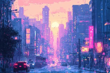 Obraz premium Futuristic 8-Bit Pixelated Cityscape in a Clear Sky for Text - Digital Retro Gaming Concept