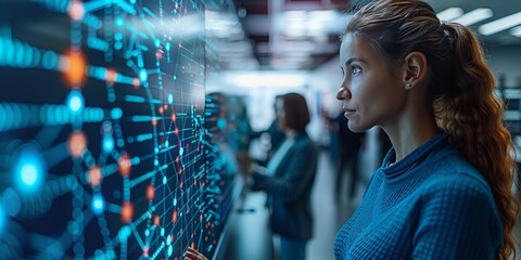  People observing large interactive digital displays with vibrant data visualizations in a modern, high-tech environment