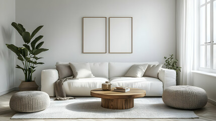 Illustration - White Sofa, Wooden Coffee Table, Modern Living Room Interior