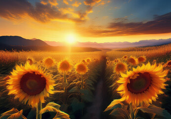 Pole słoneczników o zachodzie słońca - fototapeta, tapeta, obraz