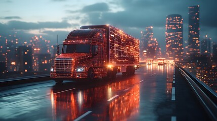 Obraz premium Futuristic Semi-Truck Driving on a Wet Highway in a City at Night with a Digital Network Pattern on the Vehicle.