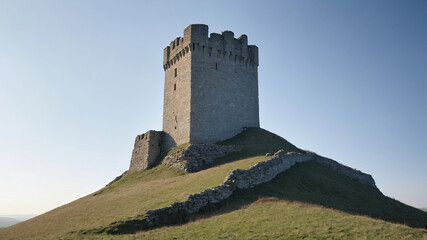 Ancient stone castle tower of Penas Roias, located in the Natural Park of the Douro river
