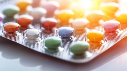 Colorful assortment of pills in a blister pack, showcasing various shapes and hues, with soft sunlight creating a warm atmosphere.