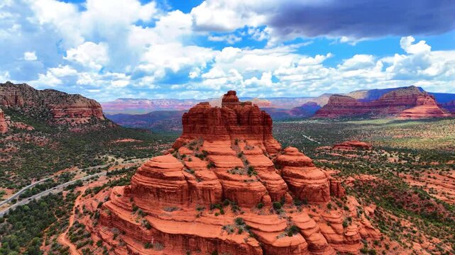 Drone footage of the Bell Rock butte in Oak Creek village, Sedona, Arizona, USA