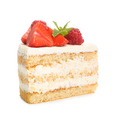 Piece of tasty sponge cake with fresh berries and mint isolated on white