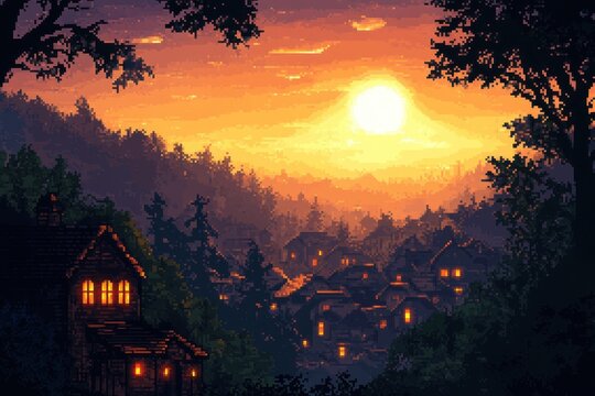 Pixelated Village Silhouetted Against Sunset Sky with Copy Space for Text