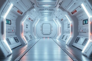 Obraz premium Futuristic Retro Space Station Corridor with Empty Wall for Copy Text