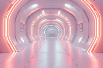 Obraz premium Futuristic Retro Space Station Corridor with Empty Wall for Copy Text