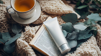 cozy scene with a tube of hand cream placed next to a cup of tea and a book, capturing the essence of everyday self-care