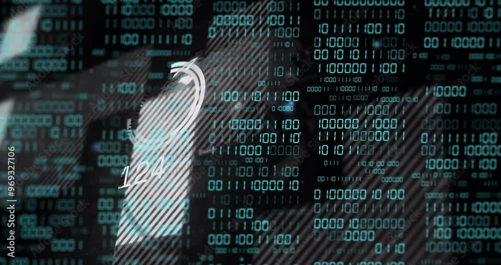 Poster animation of data processing and binary coding over globe on black background