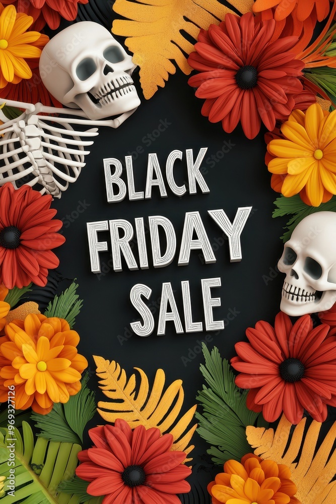 Wall mural Vibrant and spooky Black Friday sale design featuring flowers, skeletons, and festive elements that capture the shopping spirit.