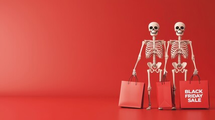 Two skeletons holding shopping bags celebrate Black Friday in a vibrant red setting, capturing the festive spirit of holiday sales.