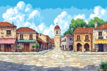 Fototapeta premium Retro 16-Bit Town Square: Pixelated Market Scene with Copy Space