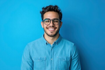 Fototapeta premium Portrait of young smiling latin man in blue shirt and glasses, feeling confident, isolated on blue background with generative ai