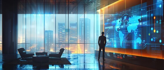 A business professional gazes out over a city skyline, contemplating data visualizations on a digital interface.